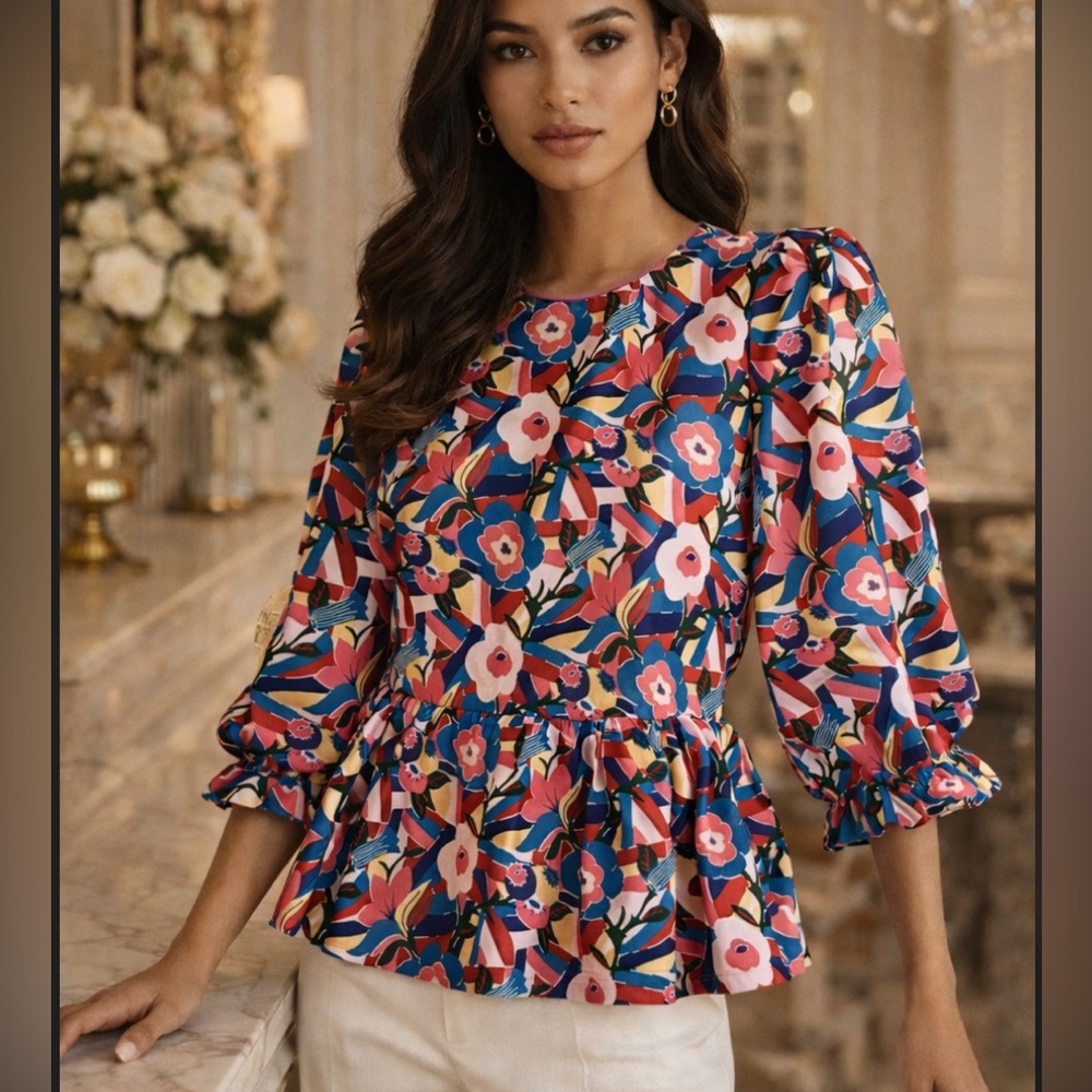 .JADE MELODY‎ TAM Floral Print Peplum Blouse Top Womens S Square Neck 3/4 Sleeve